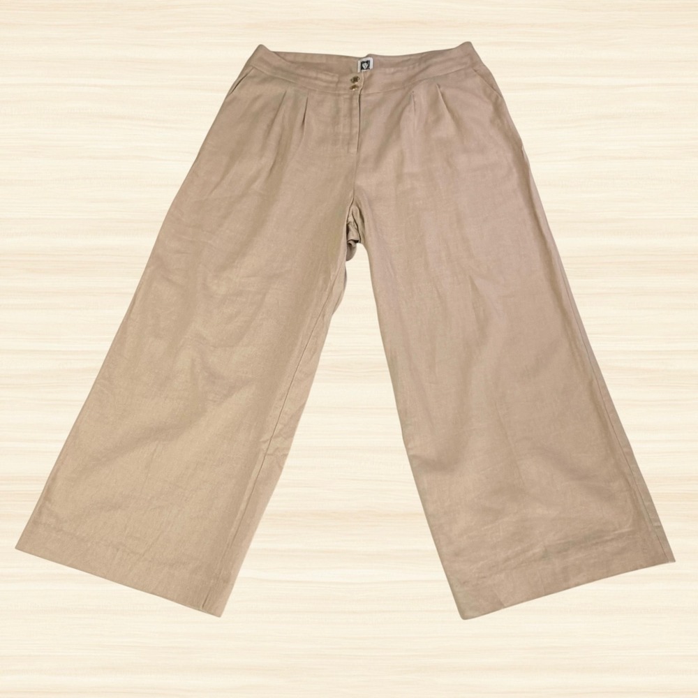 Anne Klein Beige Linen Blend Pleated Wide Leg Pants Lightweight Womens 10